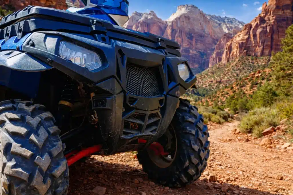 Polaris UTV on a rugged trail in Zion National Park, Utah during an off-road adventure rental
