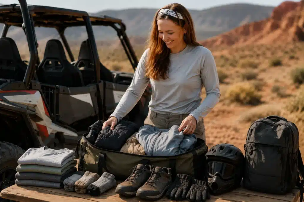 Woman packing outdoor clothing, hiking boots, gloves, and ATV safety gear beside a UTV in the Utah desert for an ATV rental adventure